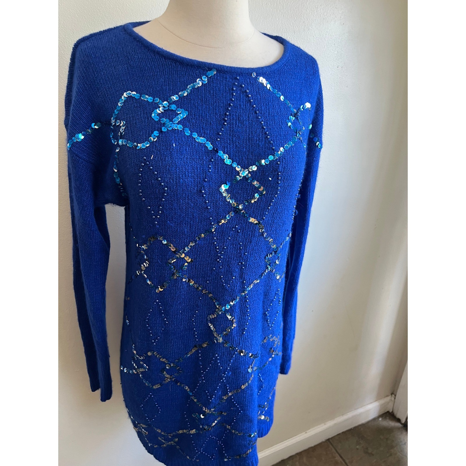 Le Chois Vintage Royal Blue Sequin Silk Angora Lambswool Sweater Dress Medium