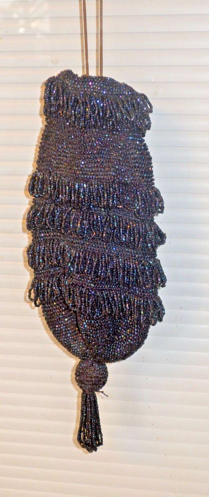 Antique Vtg Black Beaded Purse Victorian Evening Bag Fringe Lined Flapper Deco