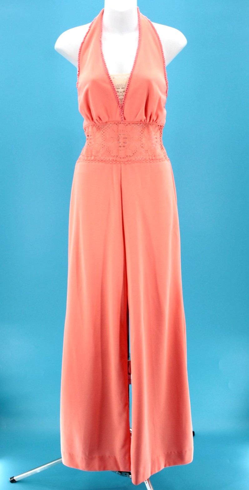 Vtg Women’s 70s Salmon Pink Halter Top Jumpsuit W/ Lace Sections S/M 1970s