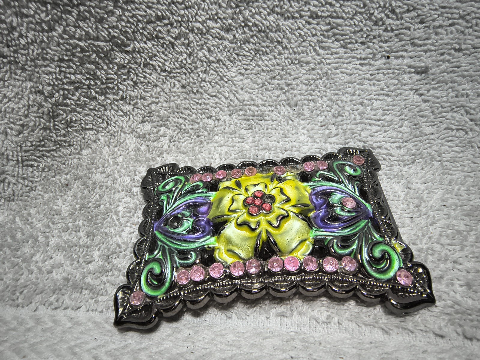 Pink Rhinestone Center Flower Mosaic Colors Rectangle Belt Buckle Usable Shape
