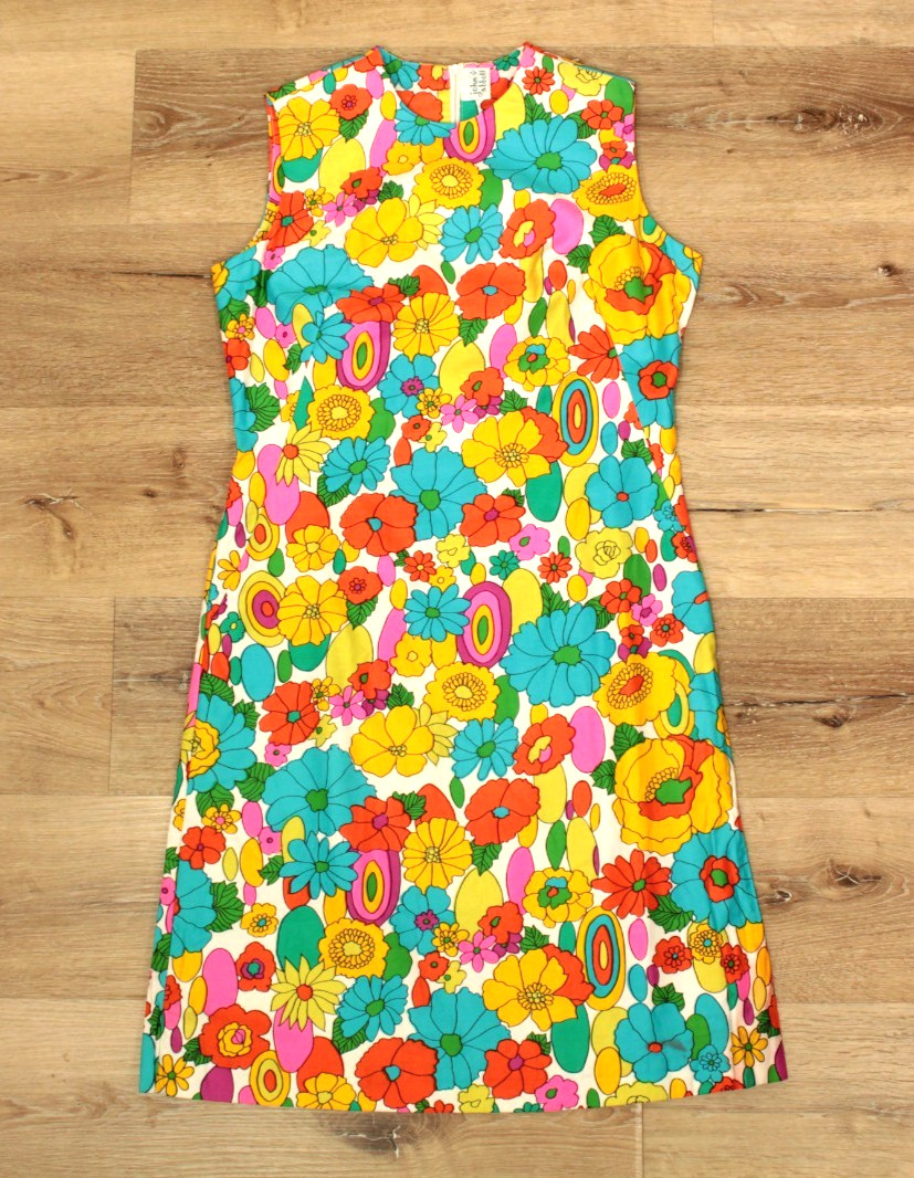 VTG 60s Bright Colorful Psychedelic Floral Sheath Dress Sz S/M 1960s John Abbott