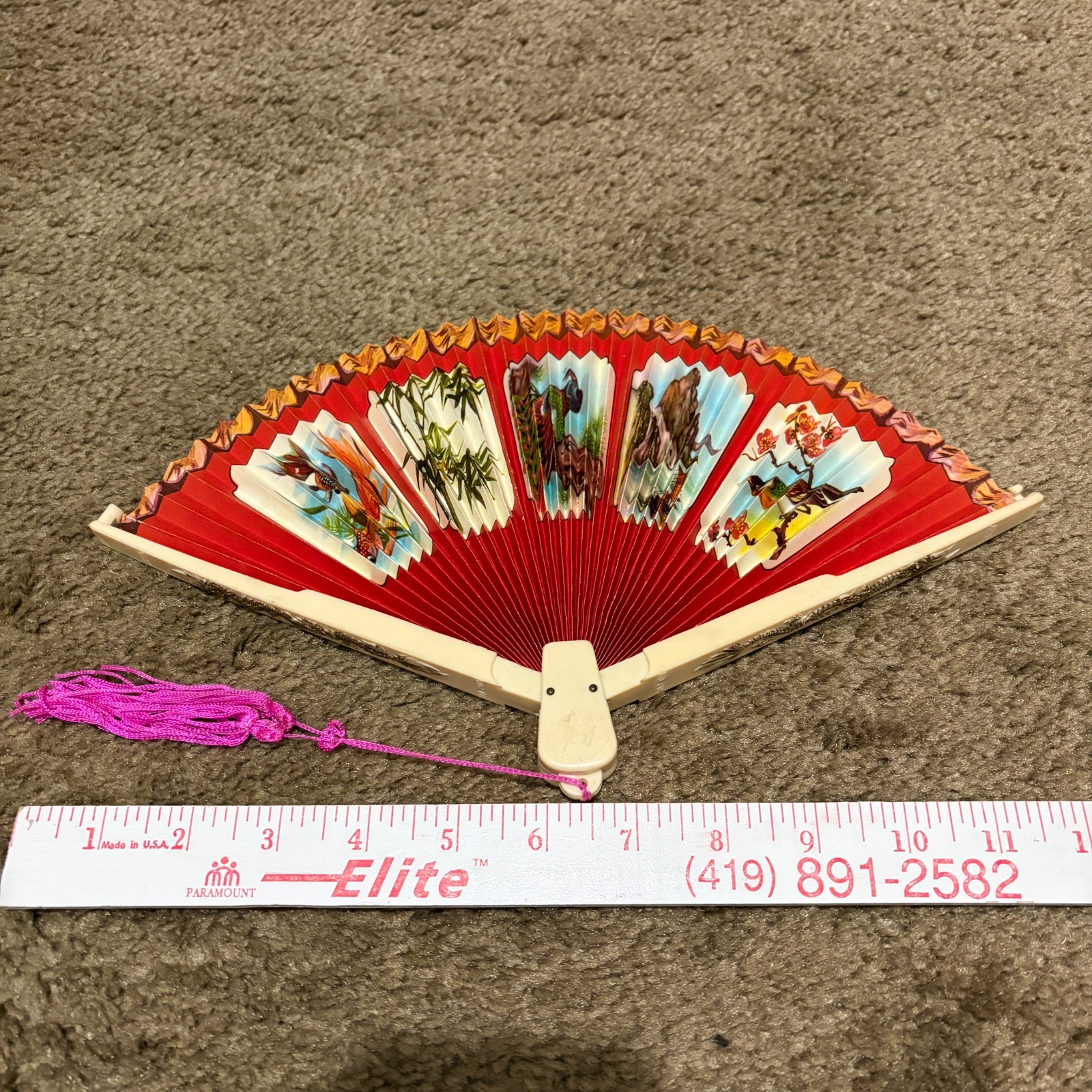 Vintage Unicorn Plastic & Paper Hand Fan Fold Up 1930-1940s Japan Antique RARE