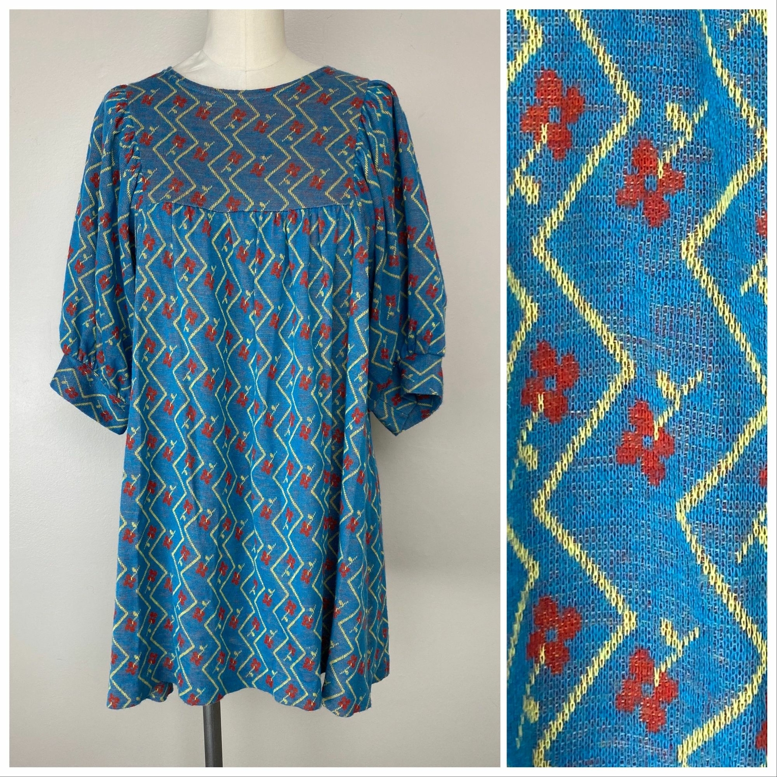 Vintage 1960s/70s Alvin Duskin Mini Dress Blue Floral Knit XS/S Betsey Johnson