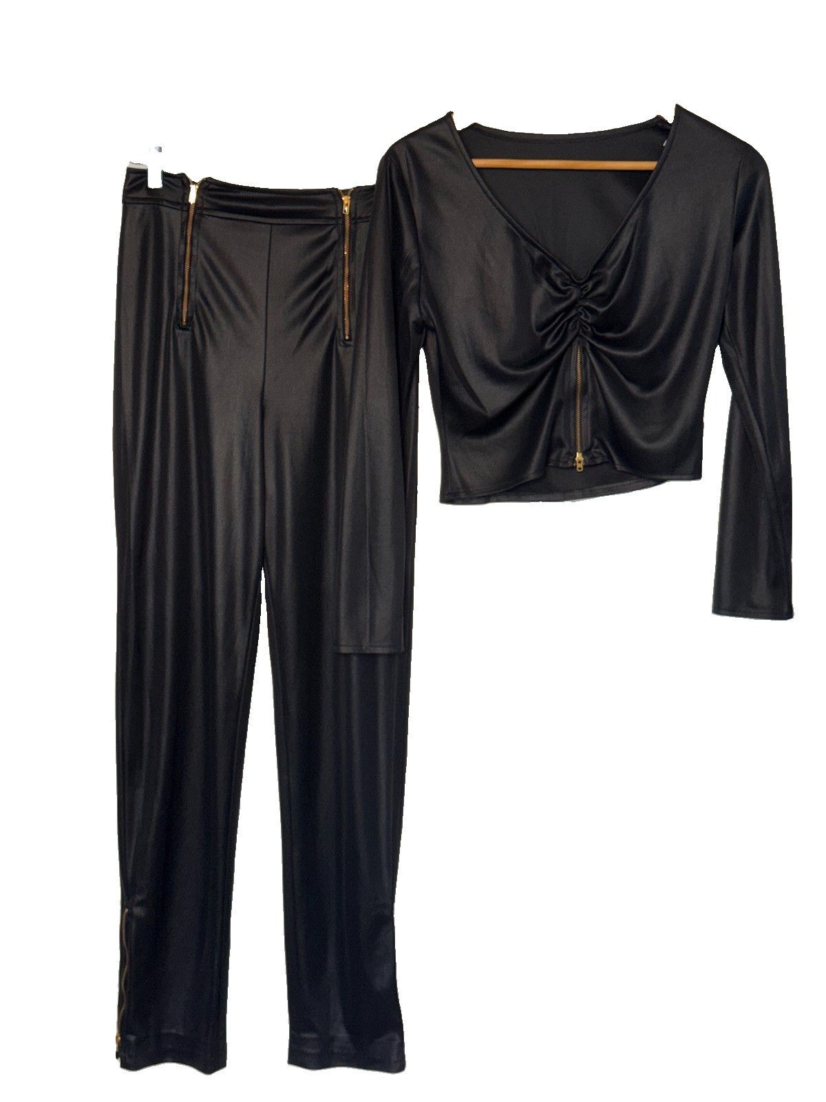 VINTAGE Frederick’s Of Hollywood Wet Look Black Disco Pants And Top Set 1970s