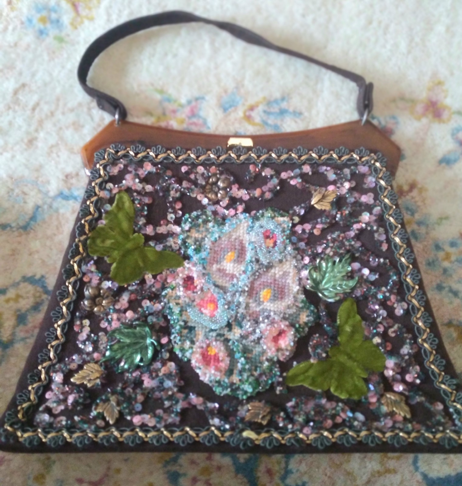 Vintage 40s Beaded Cross Stitch Sequins Framed Purse Green Blue Pink Applique