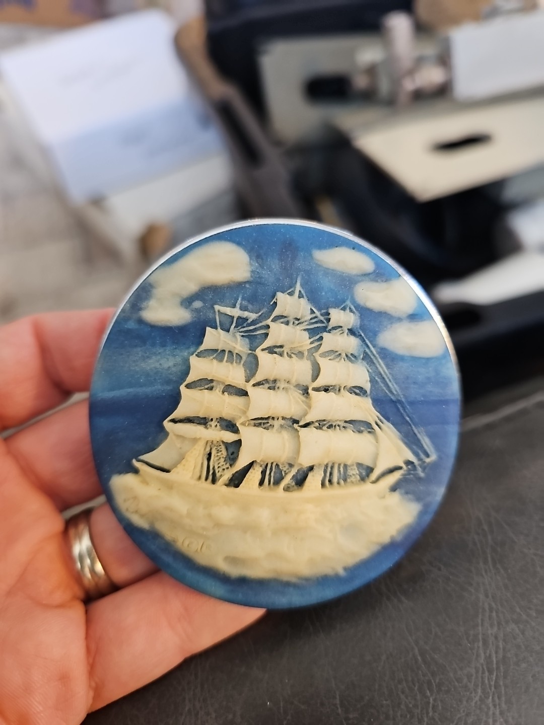 Vintage Incolay Stone Belt Buckle Cameo Sailing Ship Schooner Ocean Blue White