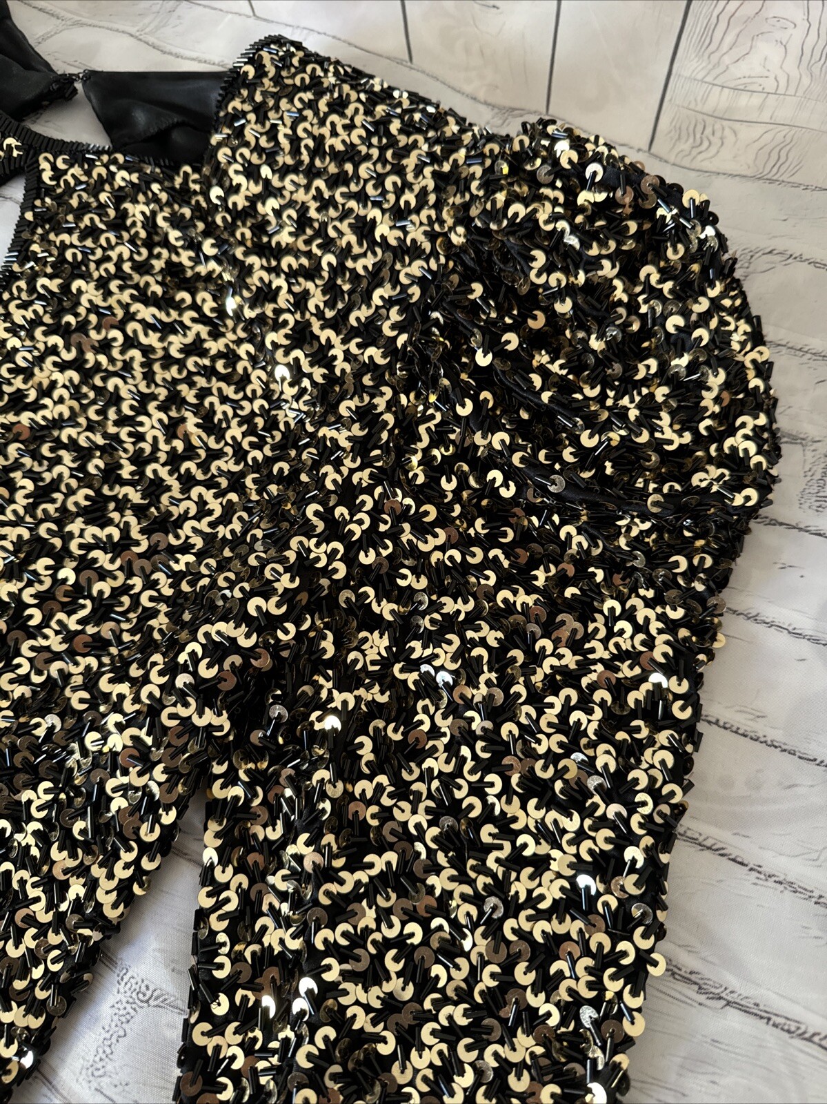 FAB! Vintage Black Tie He-Ro Womens Long Dress Black Beaded Sequined 80s S-M