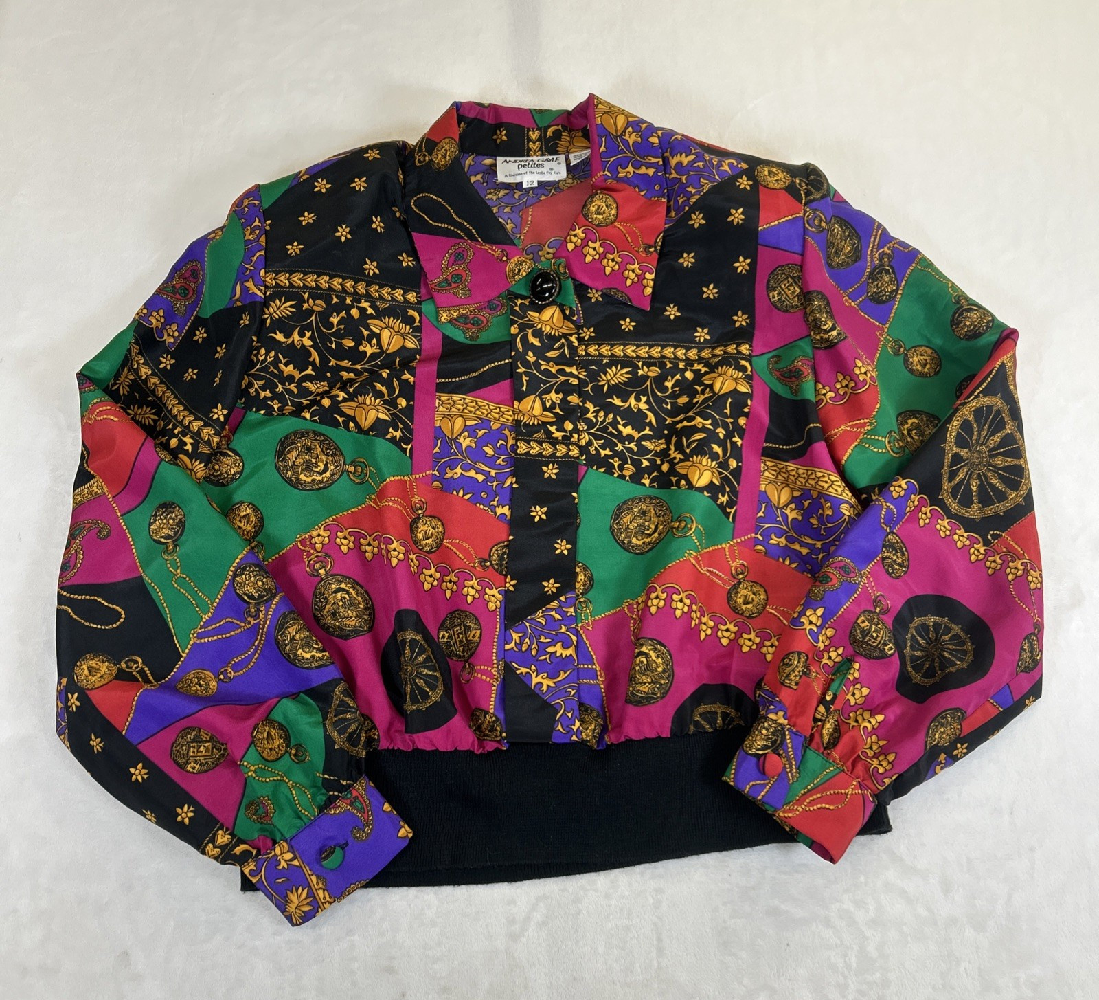 Vntg Andrea Gayle 80s Retro Colorful Stopwatch Satin Long Sleeve Blouse Size 12