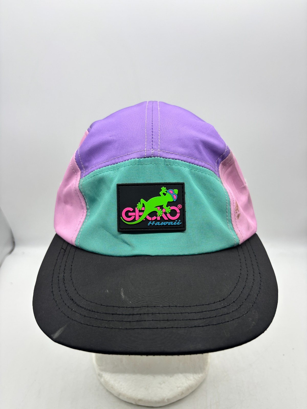 Vintage Gecko Hawaii Hat Neon Colorblock 5 Panel Nylon Camper Cap 90s Surf