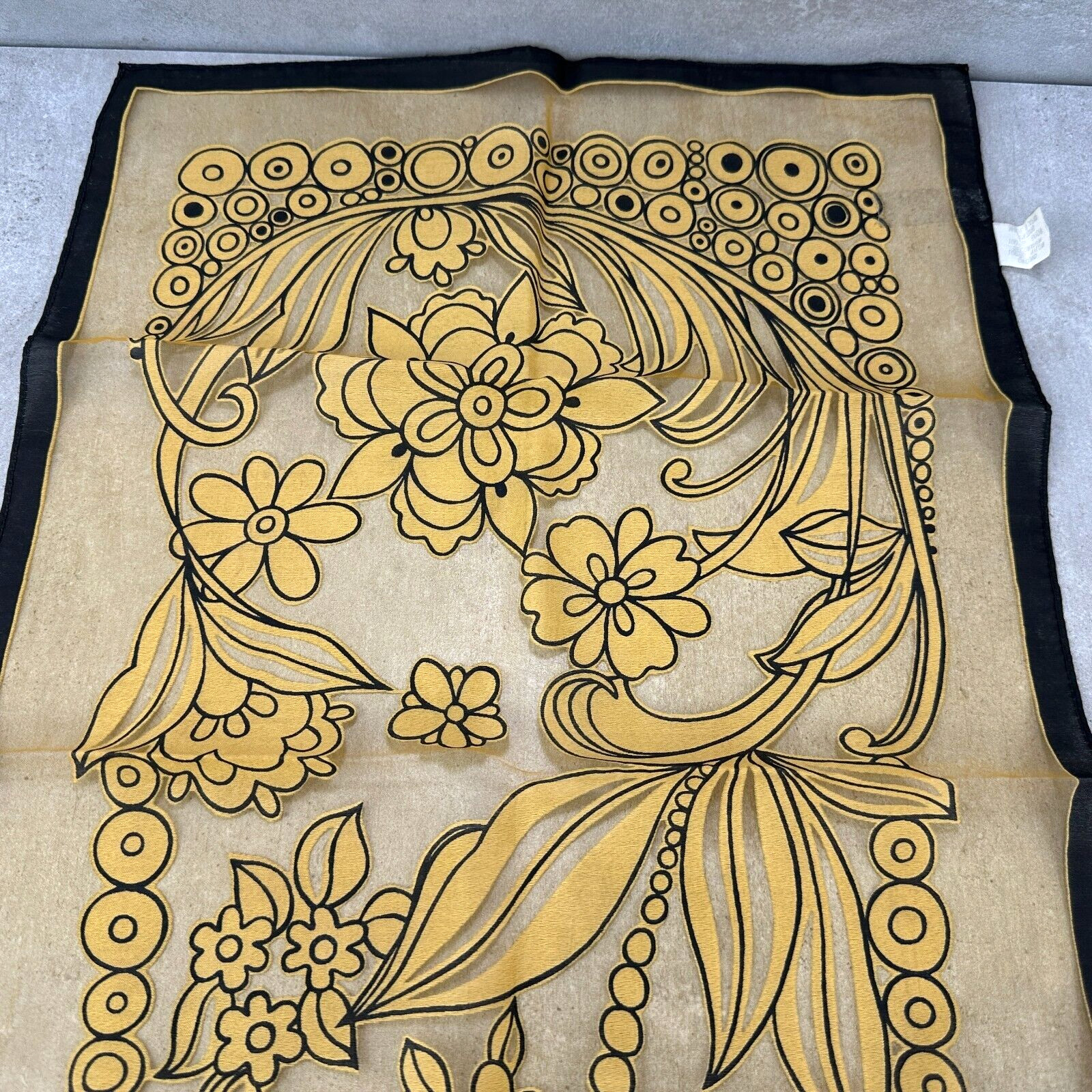 Vintage Sheer Flower Scarf Japan Gold Black 100% Rayon Bold Floral 44″ Lot Beige