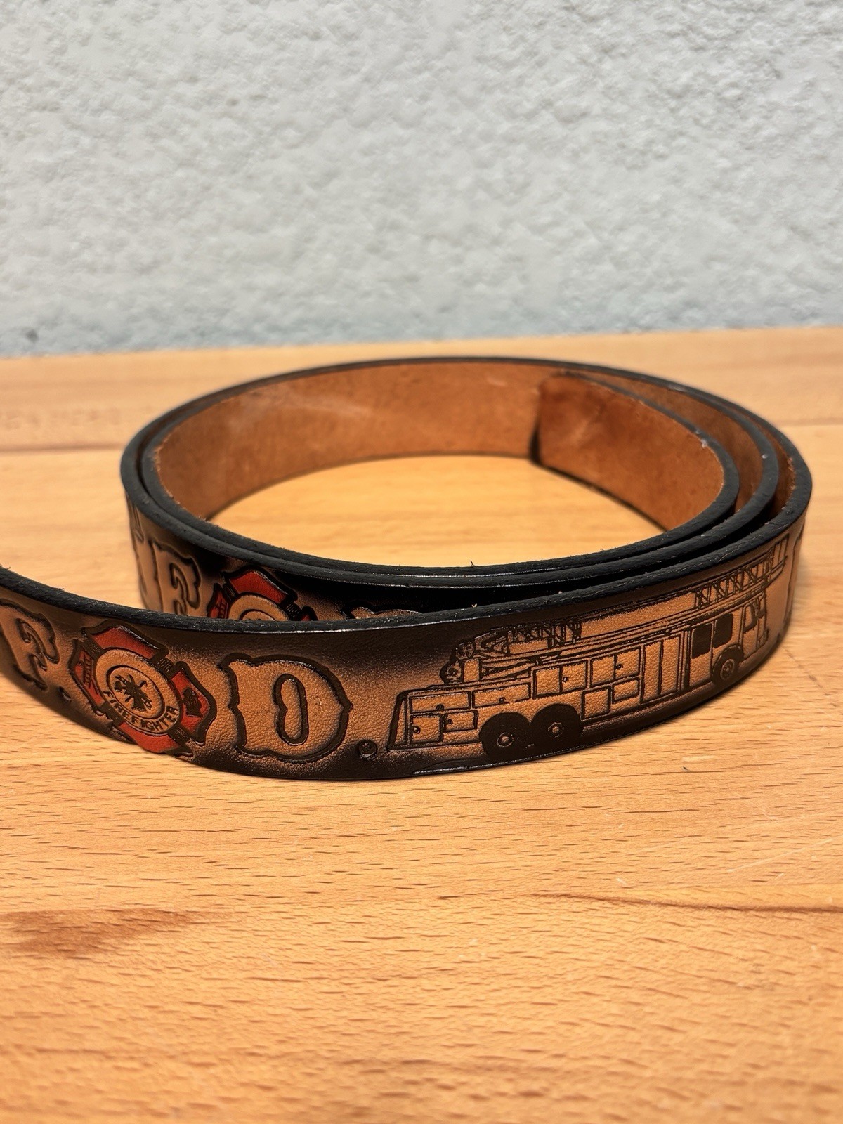 Vintage 1985 C&J America’s Firefighters Belt Buckle Enameled Leather Embossed
