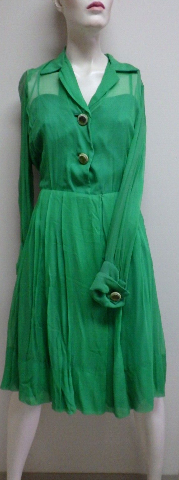 Vintage 1960s Jordan Marsh Florida Dress Green Chiffon Party Cocktail Midi M