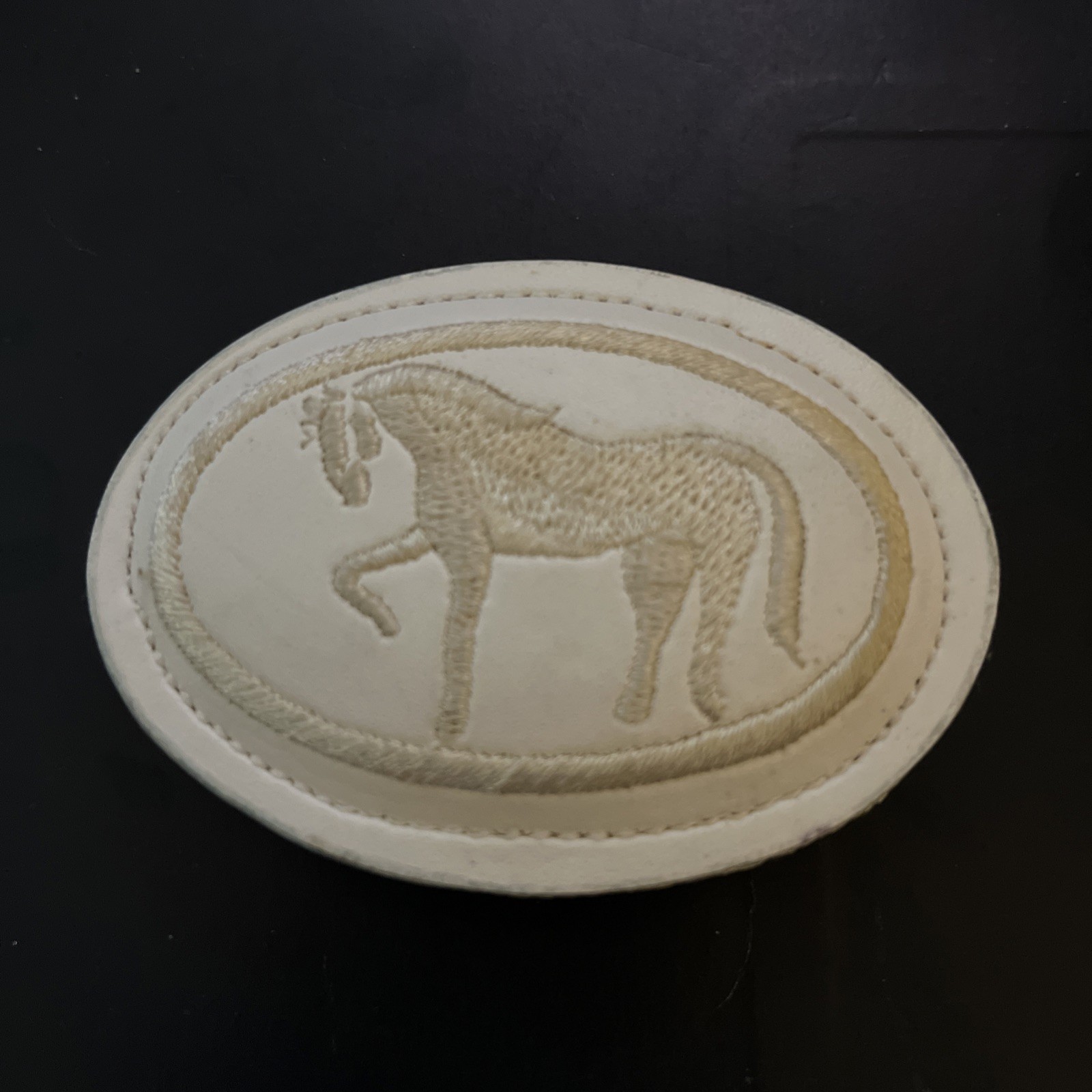 Vintage Western Belt Buckle – Embroidered Horse on White Leather – Rodeo Style