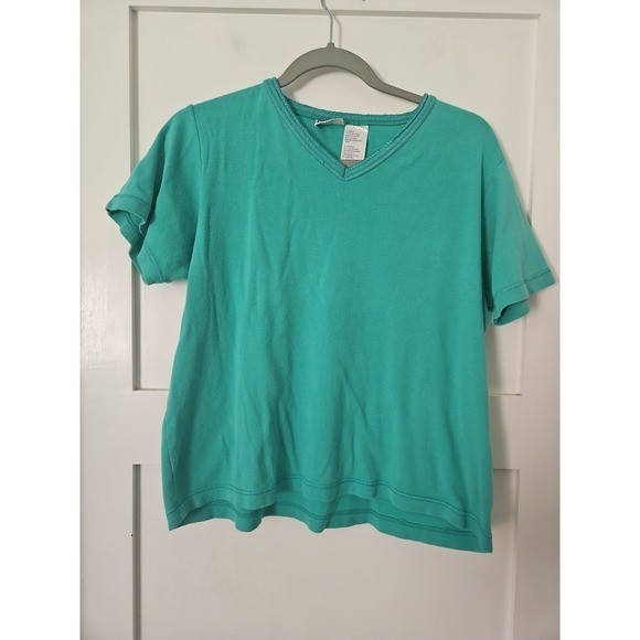 Basic Editions Vintage Teal Green V-Neck T-Shirt Large 100% Cotton Boxy Y2K