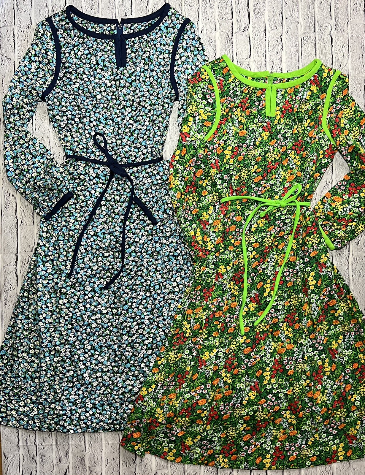 2 Vintage Marek New York Dress Green & Blue Floral Belted Small