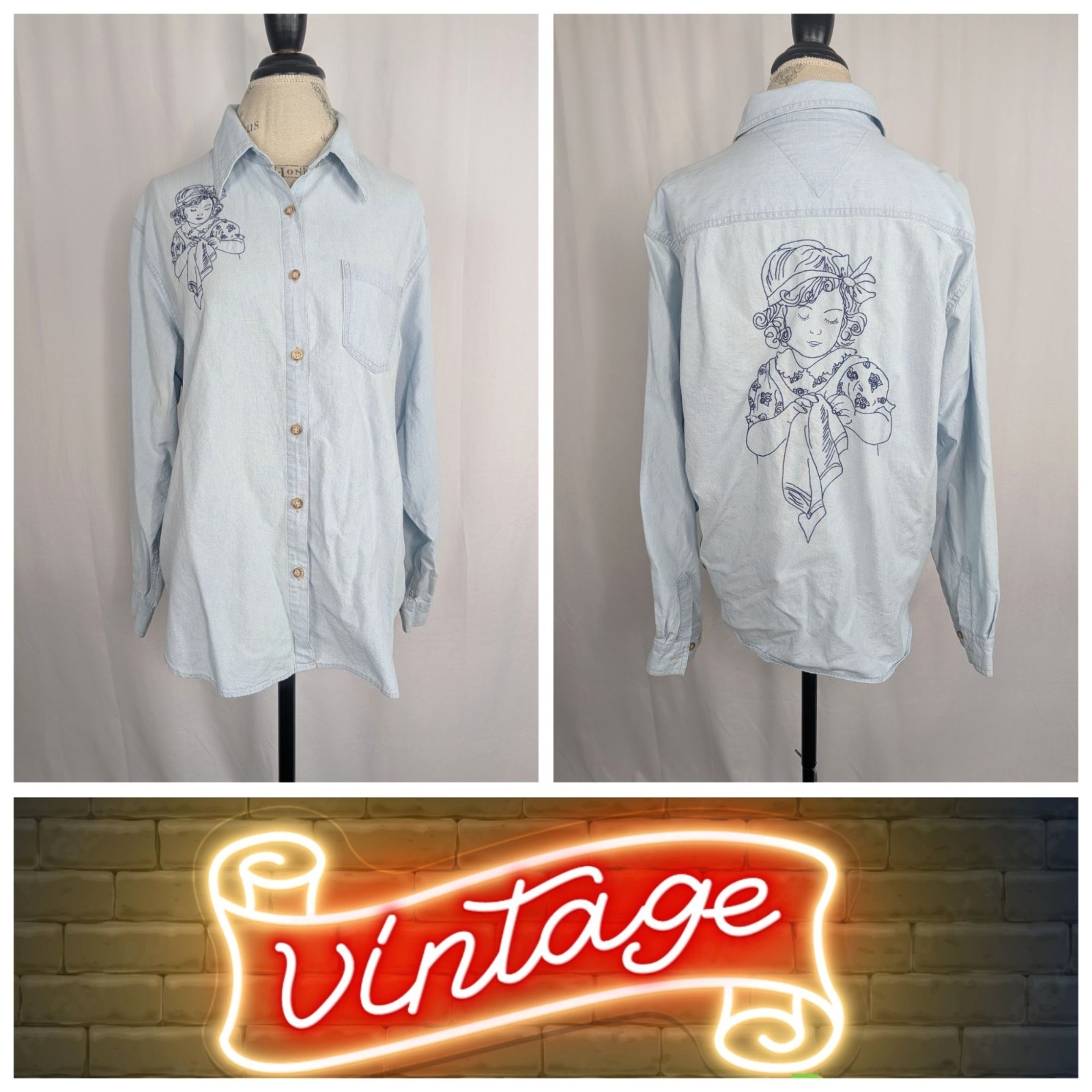 Vintage 90s Hand Embroidered Line Art Shirt Large Chambray