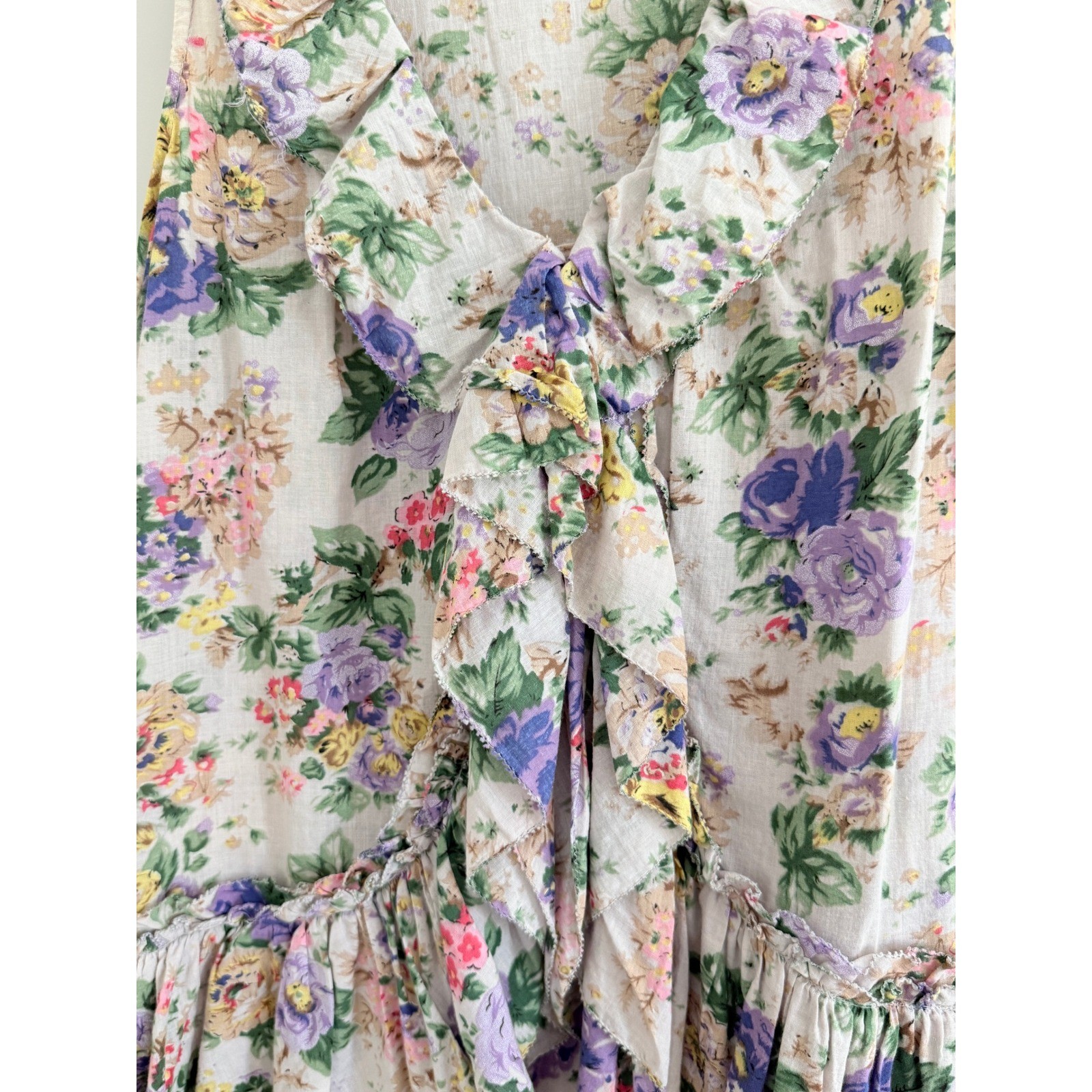 Rare Vintage Forever 21 100% Cotton Beige Floral Ruffled Tank Top Size Medium