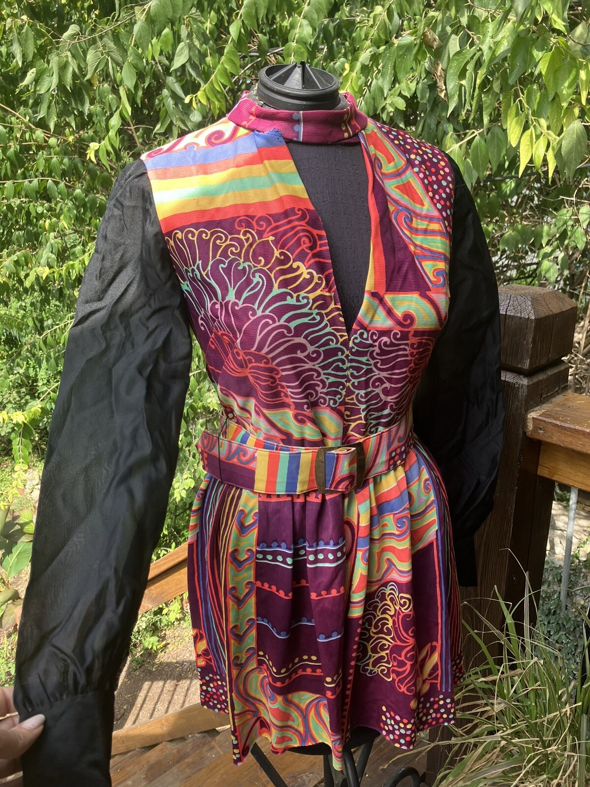 Vintage 1970s Psychedelic Mod Mini Babydoll Flower Power Pop Art Print Dress M