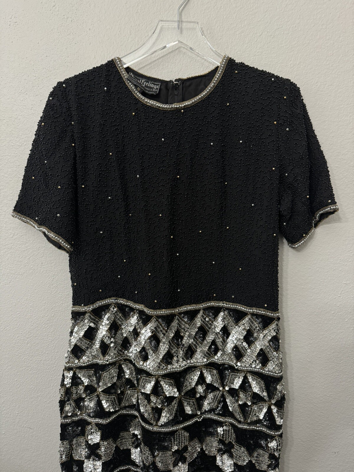Vintage Royal Feelings Black Silver Silk Cocktail Sequins Embellished Dress Sma