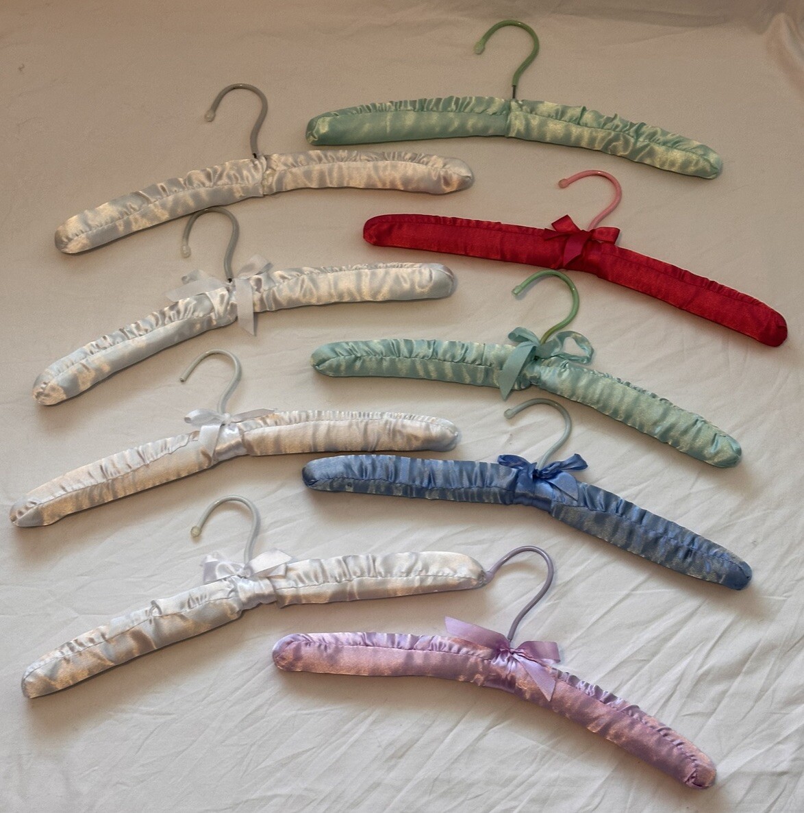 9 X Vintage Padded Fabric Covered Coat Hangers Satin ? White Pink Blue Green
