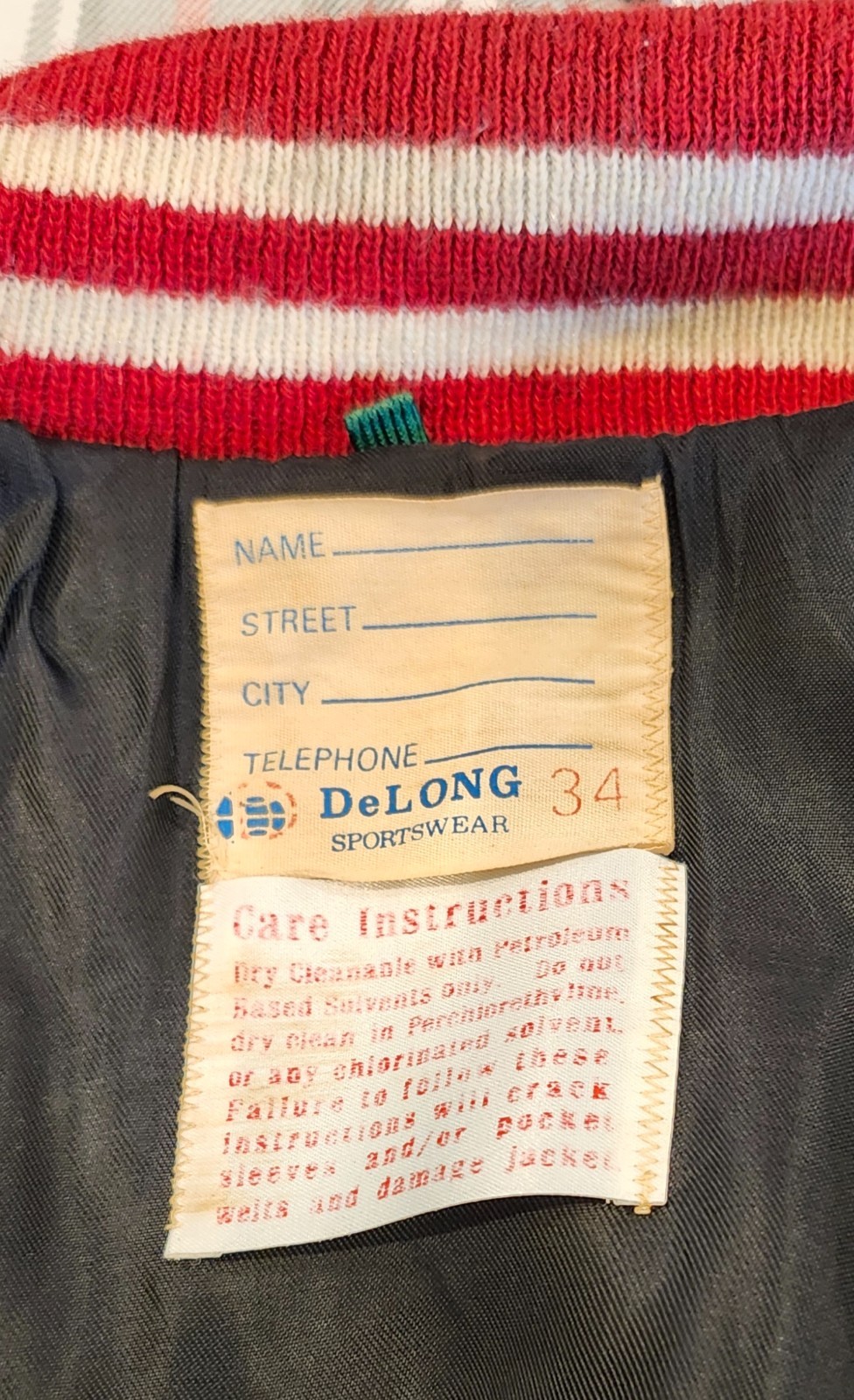 Vintage Delong 1978 Varsity Track Jacket Womens 34 Red and White Wool Snapfront