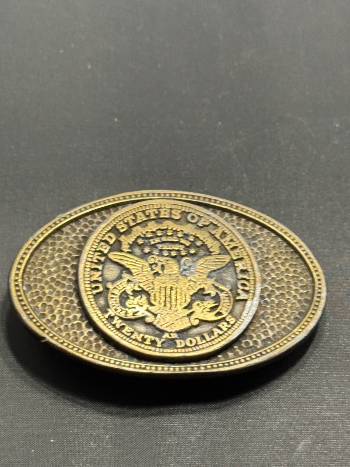 F-052 VINTAGE 1974 *UNITED STATES OF AMERICA TWENTY DOLLARS* MENS BELT BUCKLE