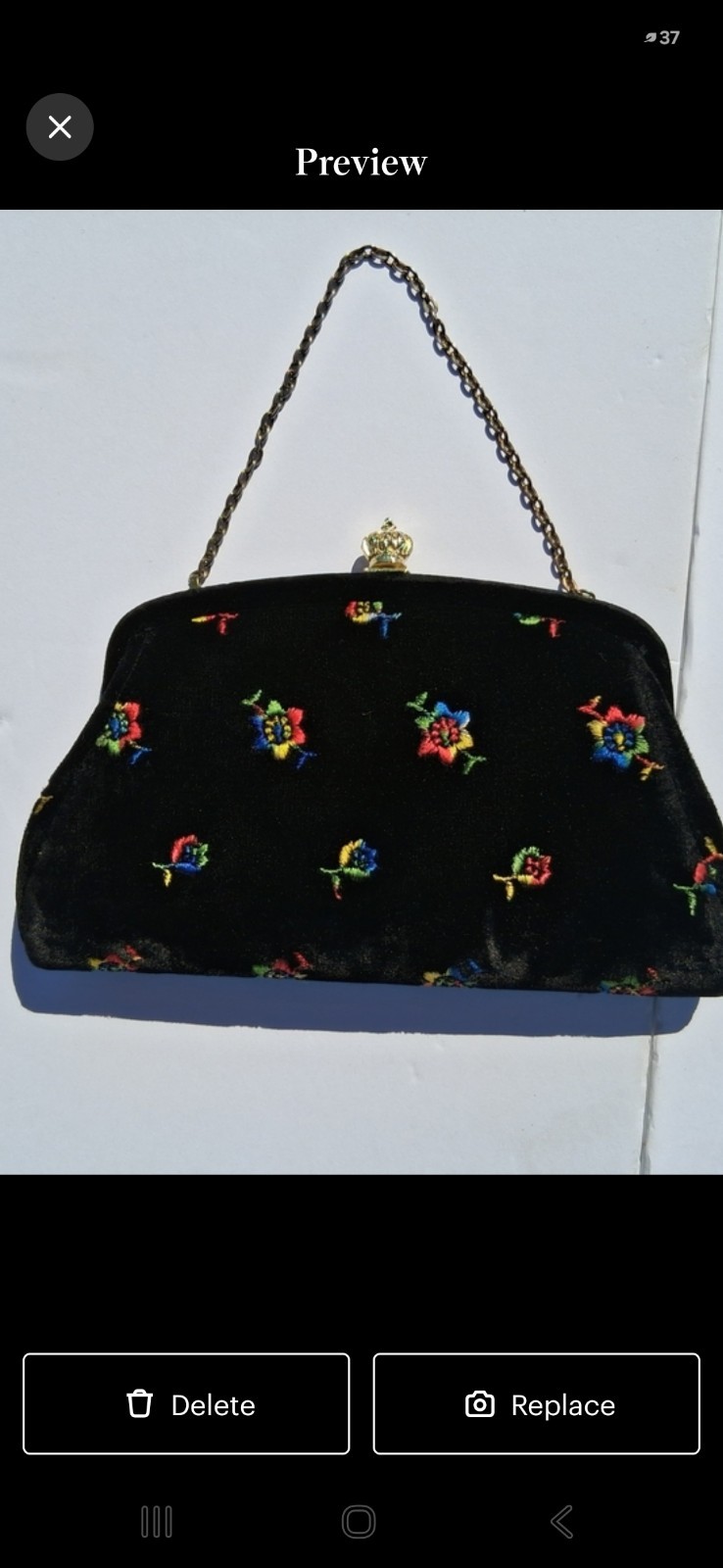 Vintage 1950s Black Velvet Floral Embroidered Crown Kiss-Lock Clutch & Chain