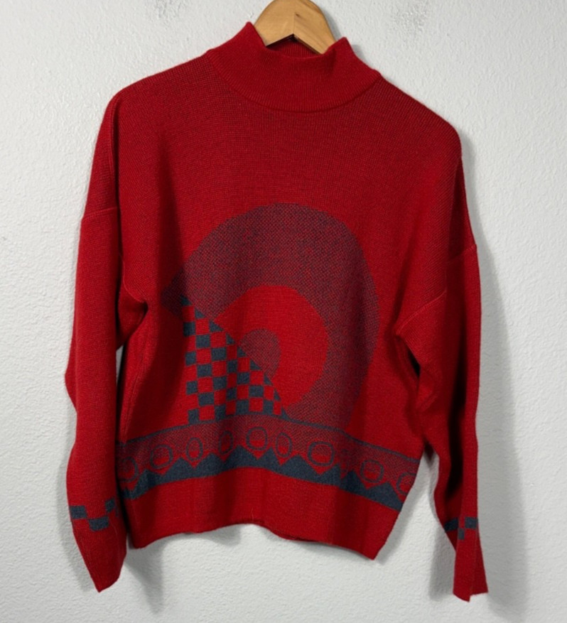 Vintage Rodier Women Sweater Large Red Geometric Knit Colorful France Wool Blend