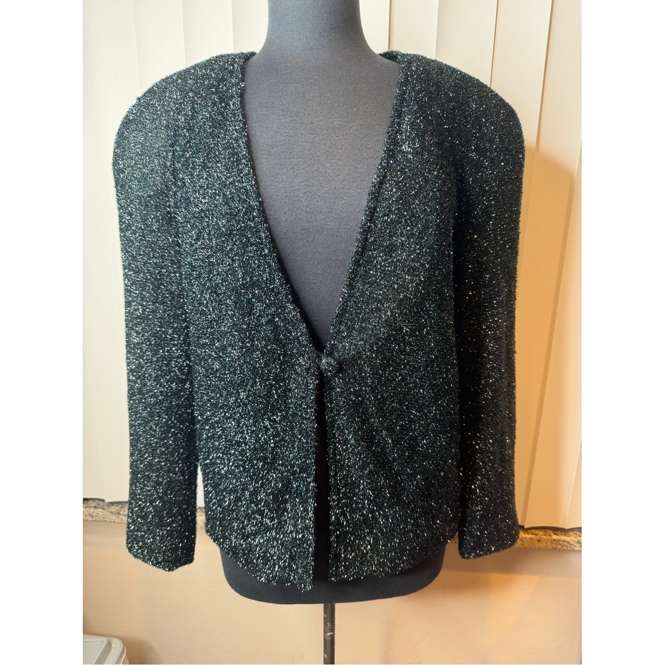 Vintage Roland Heizinger Women’s Sparkle Open-Front Jacket – Black Size Medium