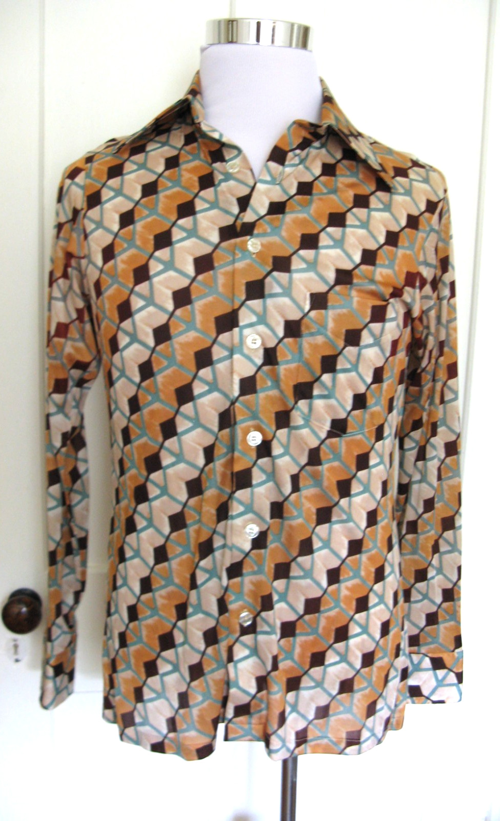 VINTAGE 70S BELL’S CONTEMPORARY BEIGE RUST BROWN TEAL GEOMETRIC DISCO SHIRT M