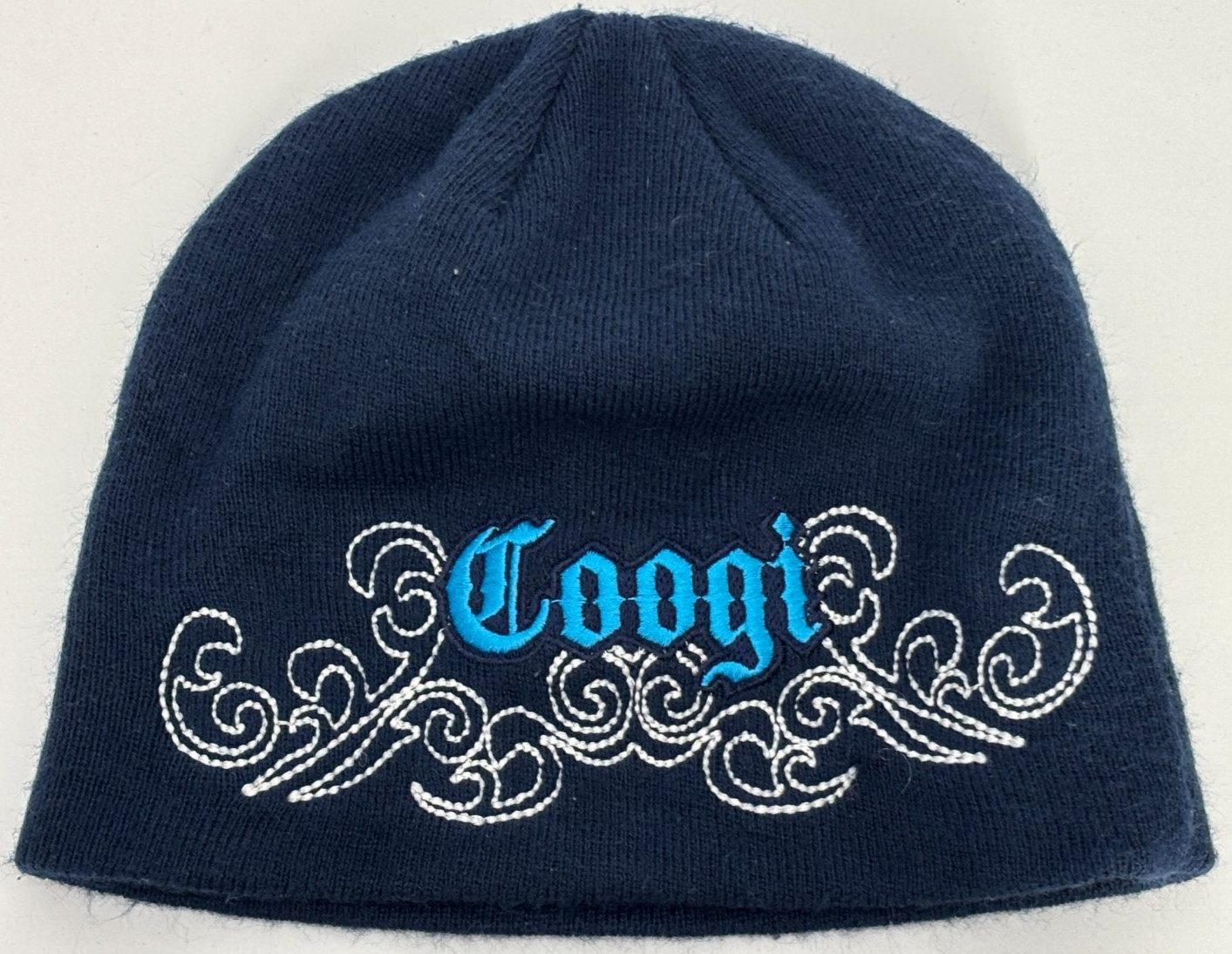 Coogi Beanie Hat Mens Navy Blue Knitted Embroidered Logo Filigree Detail Vintage