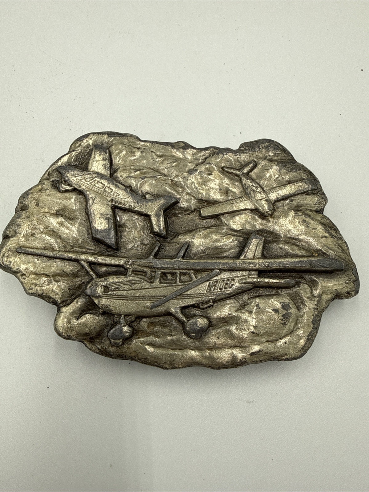 Small Airplane Aircraft Clouds Pewter Belt Buckle 1977 Bergamot Made In U.S.A.