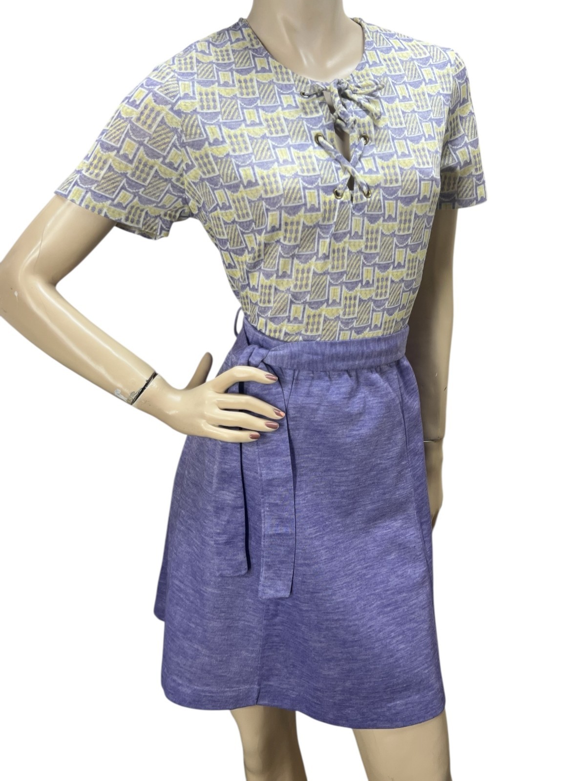 NOS L Vtg 70s 2 Pc OUTFIT Knit Shirt + Skirt Corset Tie Top Gored Elastic Waist