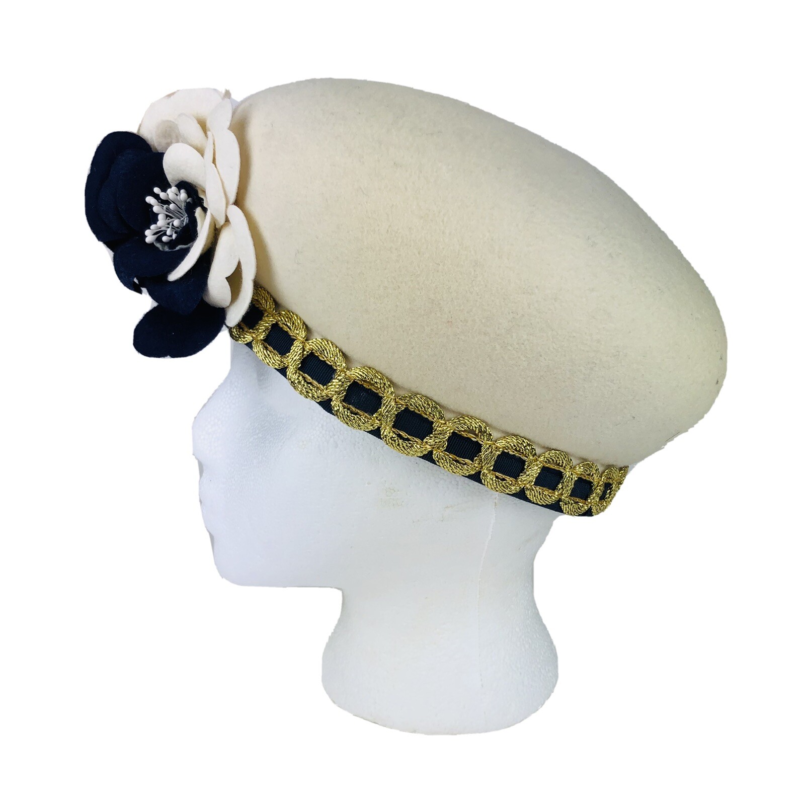 Adolfo II NY Paris 100% Wool Hat Cream Navy Flowers Ribbon Gatsby Costume