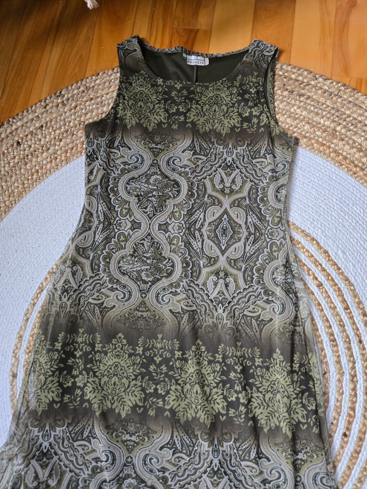 Vintage 90s Sleeveless Olive Green Printed Maxi Dress Mesh Whimsigoth Grunge