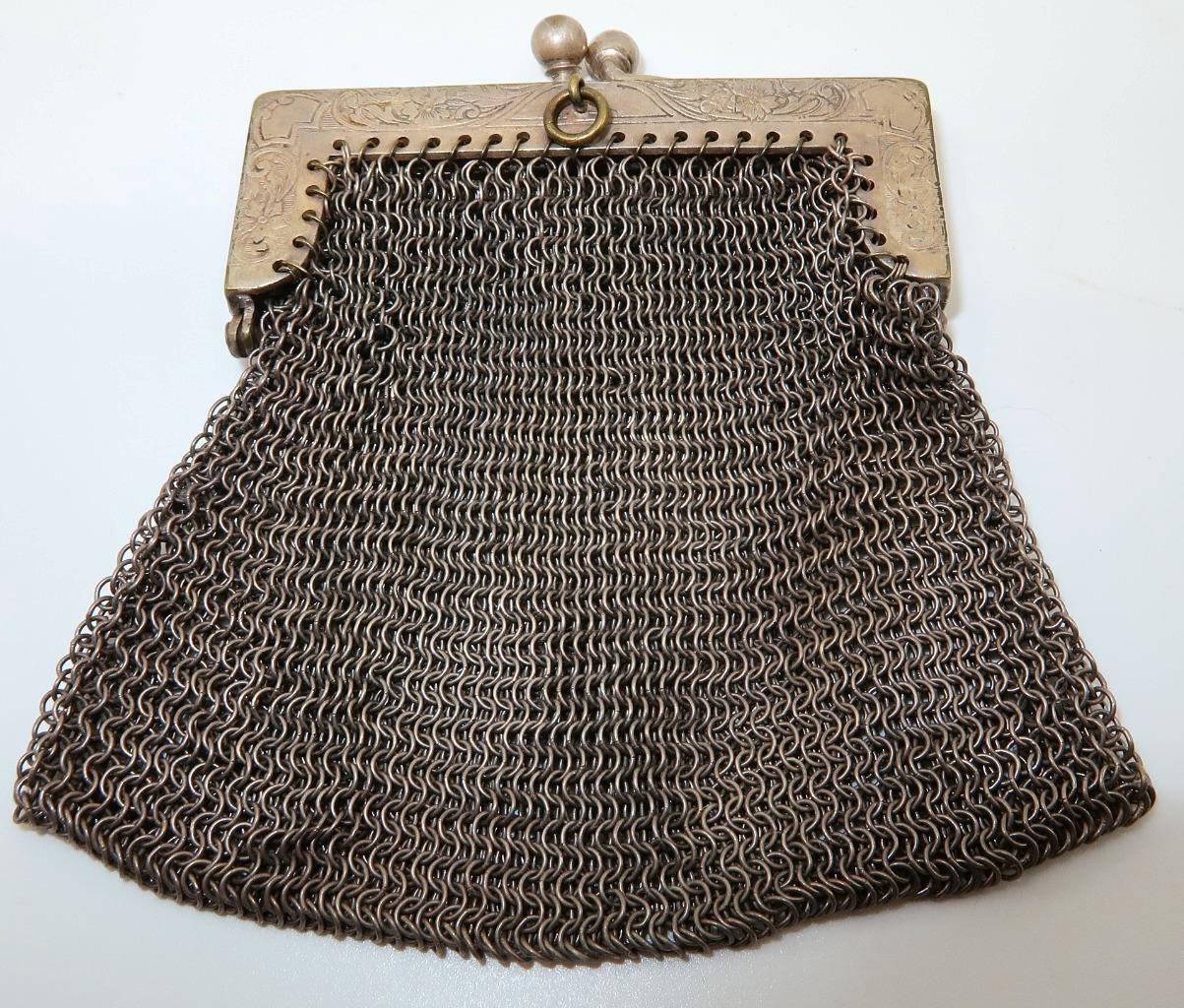Antique German Silver Soldered Mesh Chain Small Coin Purse, 2 3/8″ x 3 1/8″