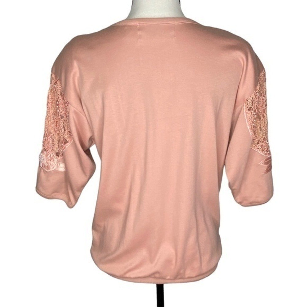 Vintage Recent Works Top Blush Pink Lace Bead Floral Appliqué Half Sleeve Top