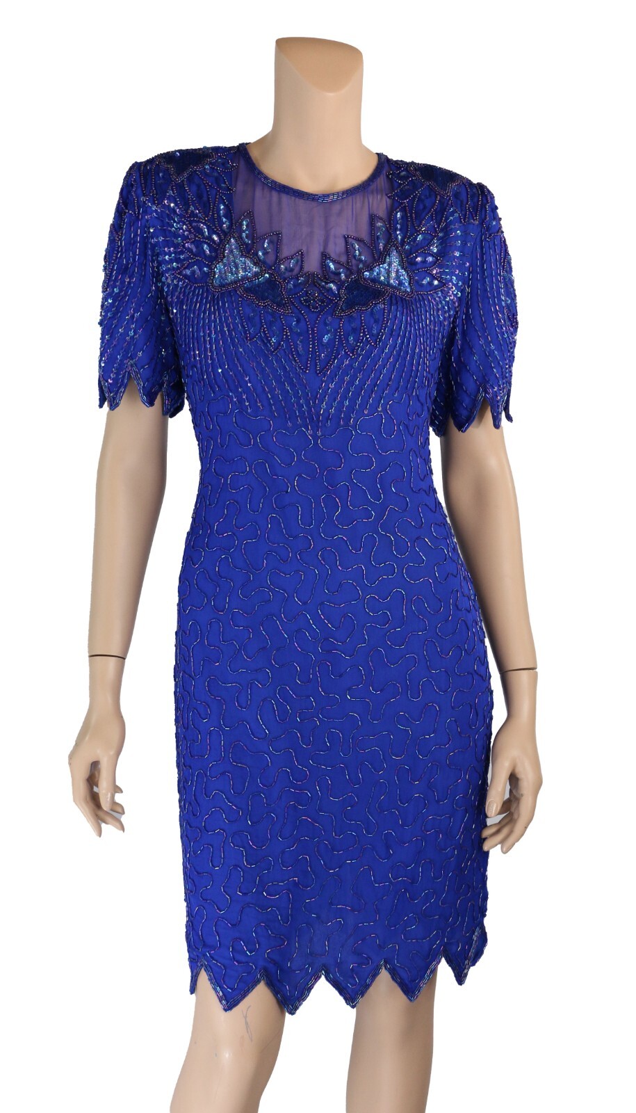 Denise Elle Vintage 80s Blue Silk Sequins Bead Prom Party Formal Dress size L