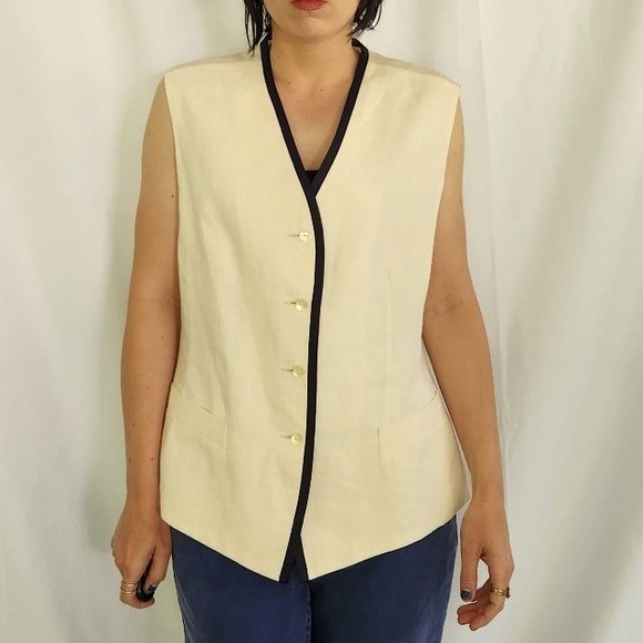 90s Laura Ashley Cream and Navy Linen Vest