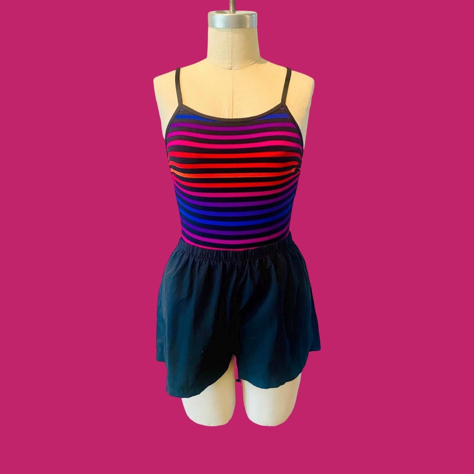 Vintage Le Cove Striped Swimsuit with Built-In Shorts, Size 10