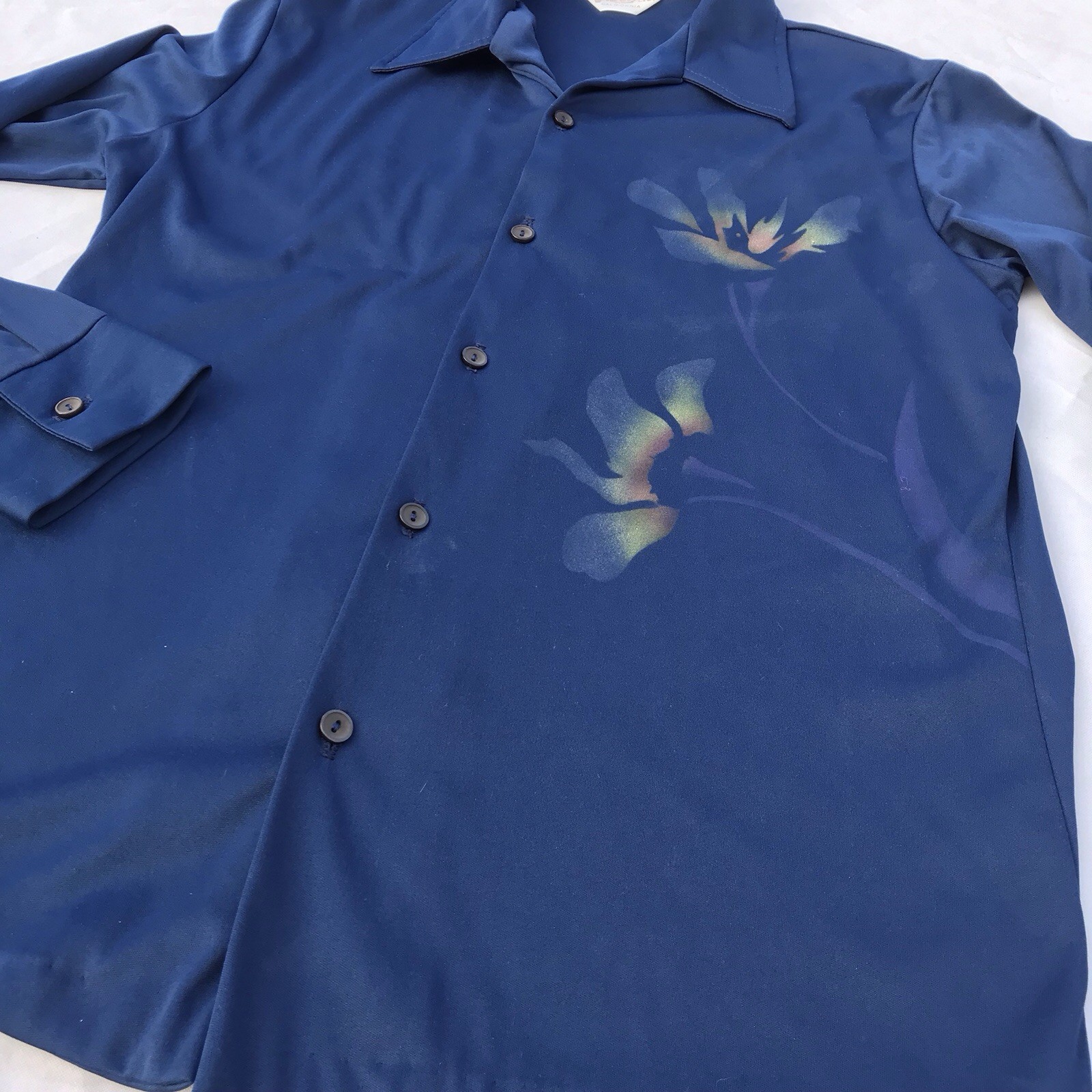 Vtg 70s Gallery LTD Calif Blue Disco Poly Button Down Floral Long Sleeve