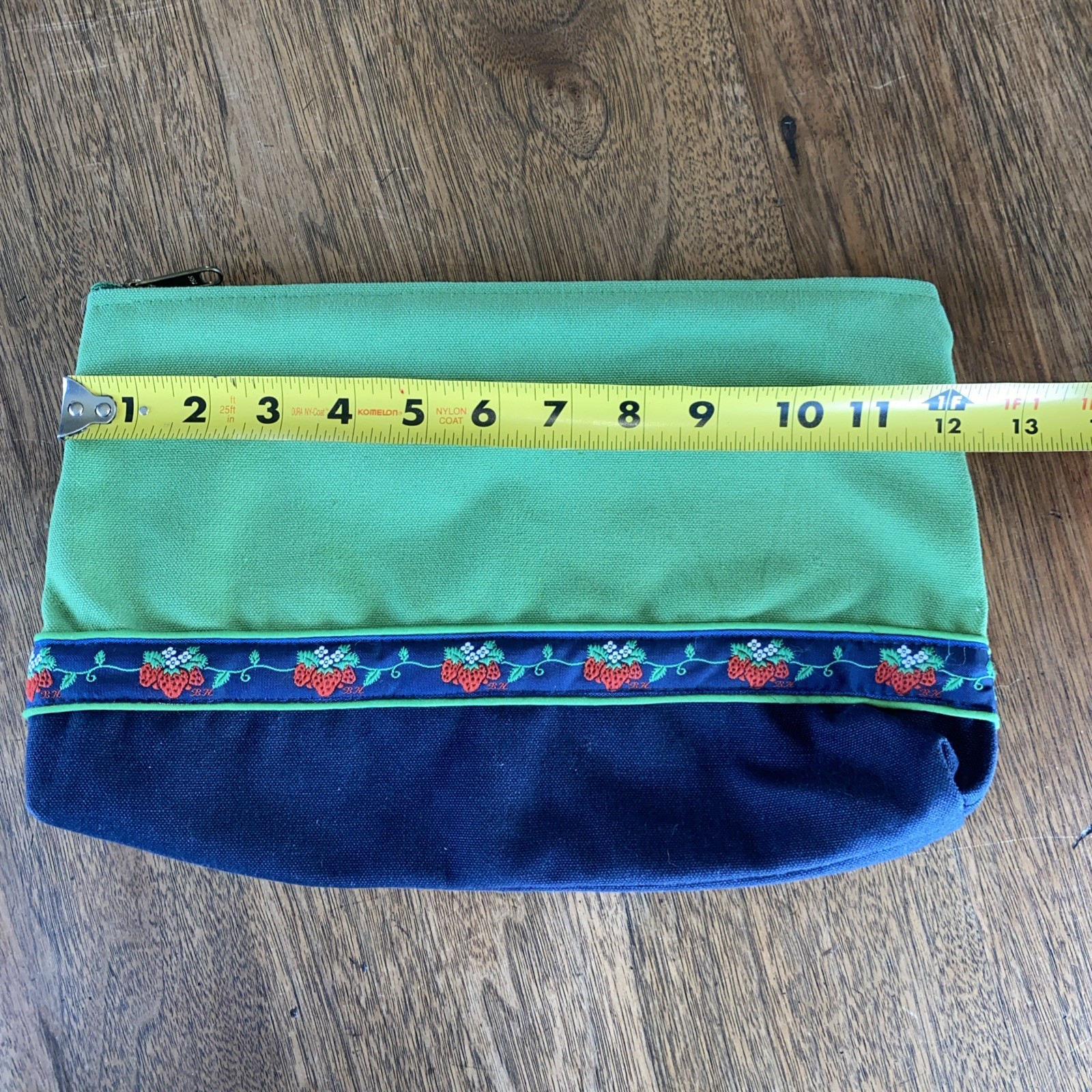 Vintage Canvas Makeup Zipper Bag 2.5 X 7.5 X 12 Blue Green Strawberry Ribbon