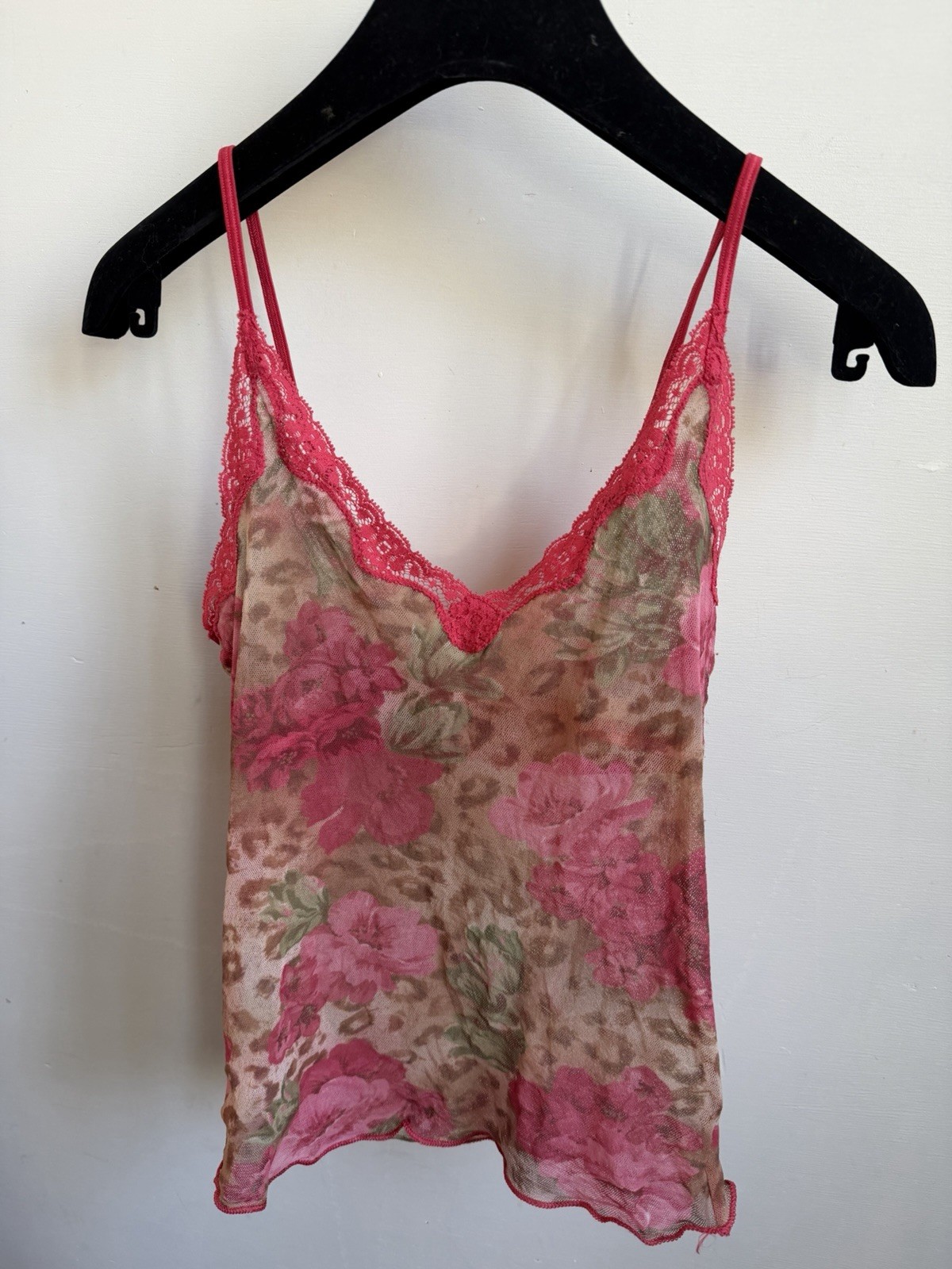 Vintage Y2k Victoria Secret Sheer Lace Cami with Roses and Leopard Print Size M