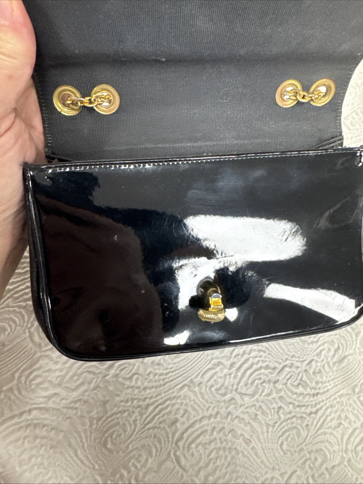 Vintage Bienen Davis Black Patent Leather Shoulder Bag Gold Tone Chain Strap