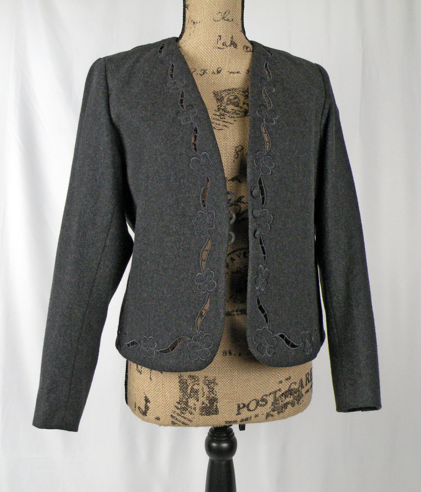 SASSON PARIS NEW YORK Jacket Blazer Womens Sz 12 Gray with Embroidered Cut-outs