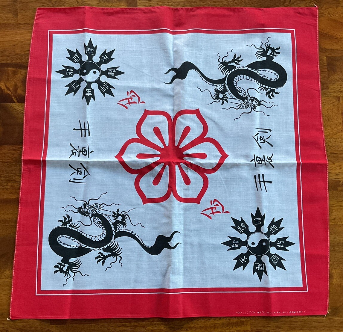 Vintage Wamcraft Bandana – Dragon Shuriken Yin Yang – 22” x 22” – Made in USA
