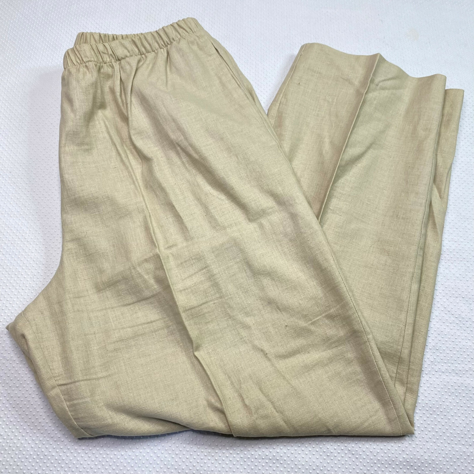 Beige Linen Blend Pants Sz M Elastic Waist Straight Leg Relaxed Casual VINTAGE
