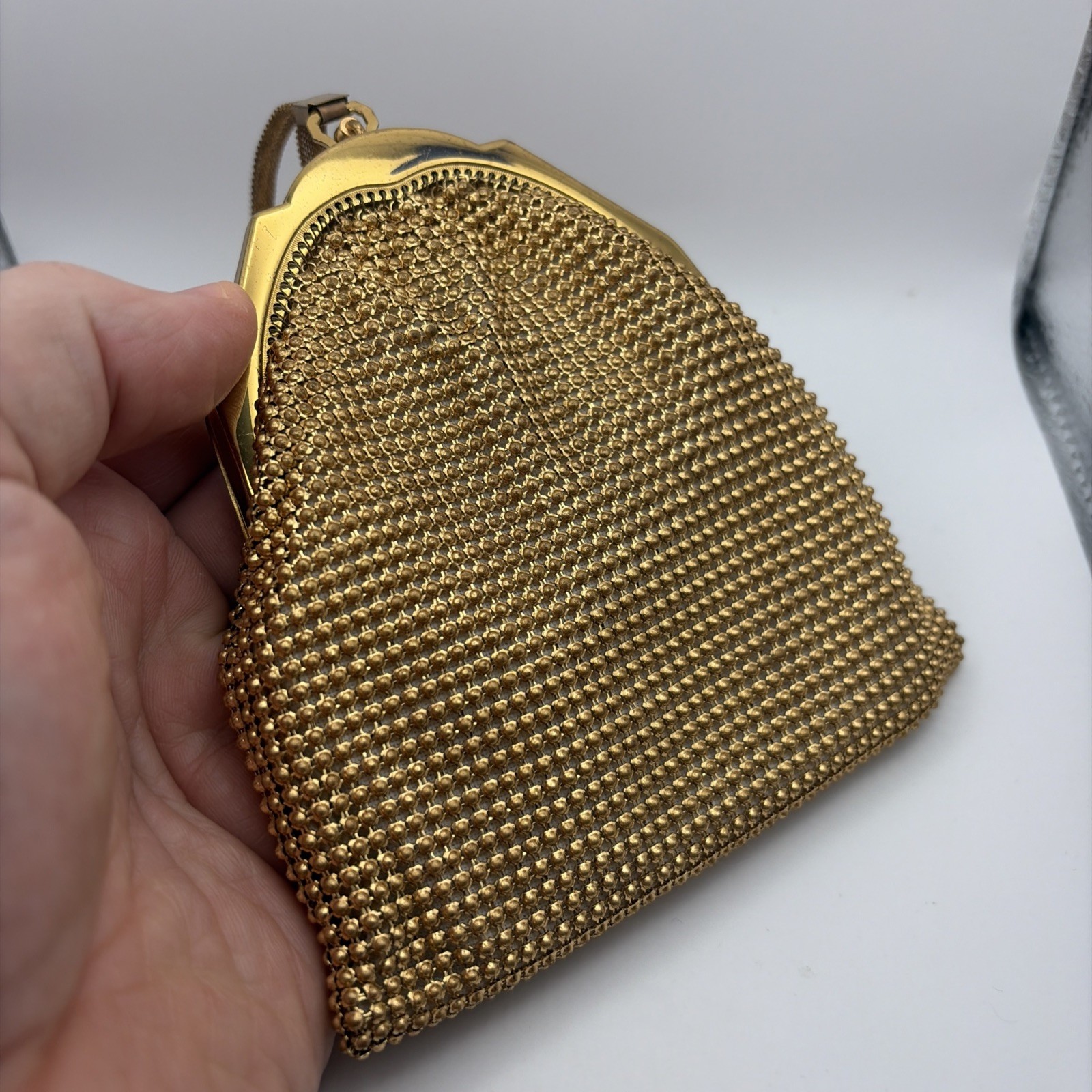 Vintage Whiting & Davis Co. Mesh Gold 5in X 5in Makeup Bag Chain + Box