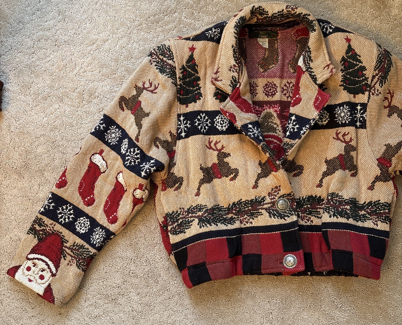 90s Orvis Xmas Holiday Jacket S/M Reindeer Stocking Tree Pine Snowflake Pockets