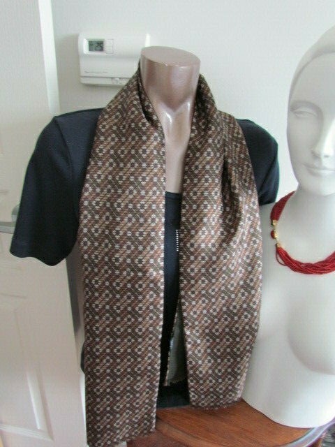 54″ New Silk Wool Double Layer Ascot Opera Oblong Scarf Vintage Geometric Olive